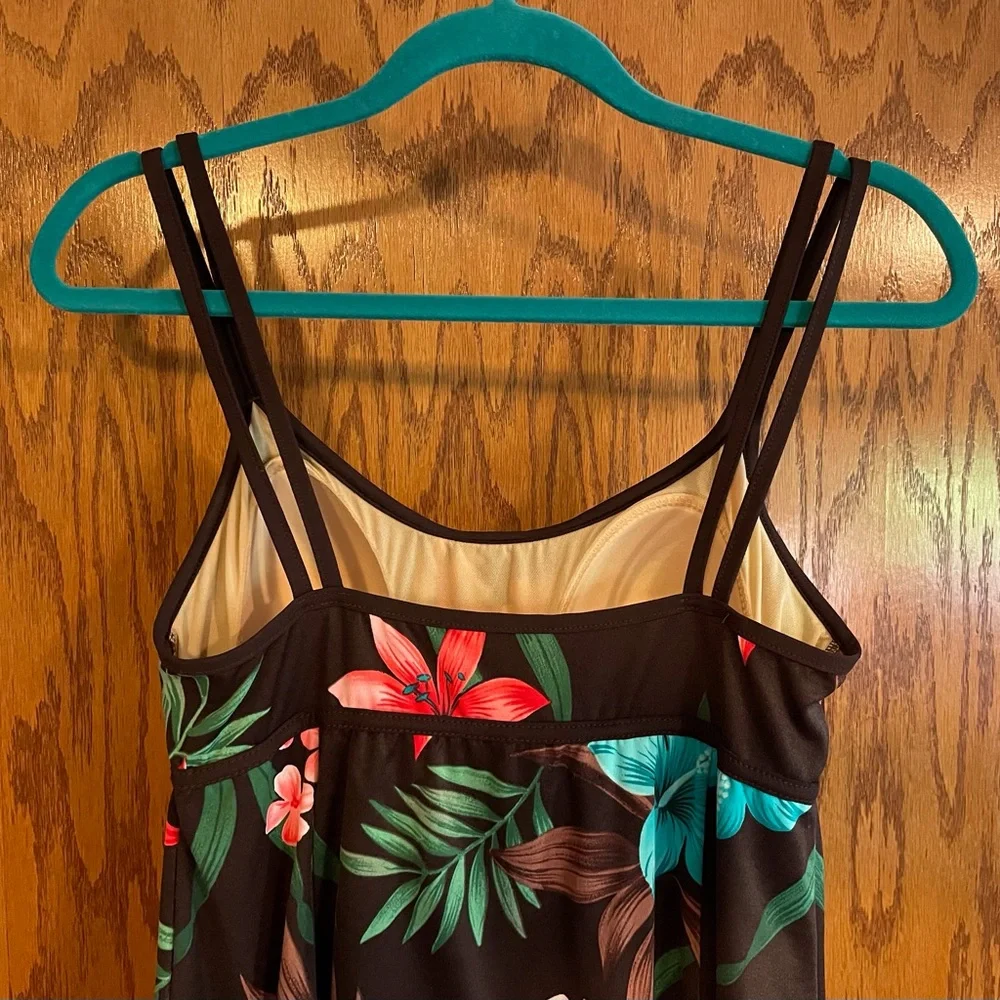 Floral Brown Swim Dress with Pink and Blue Accents Size 16 - Picture 4 of 8
